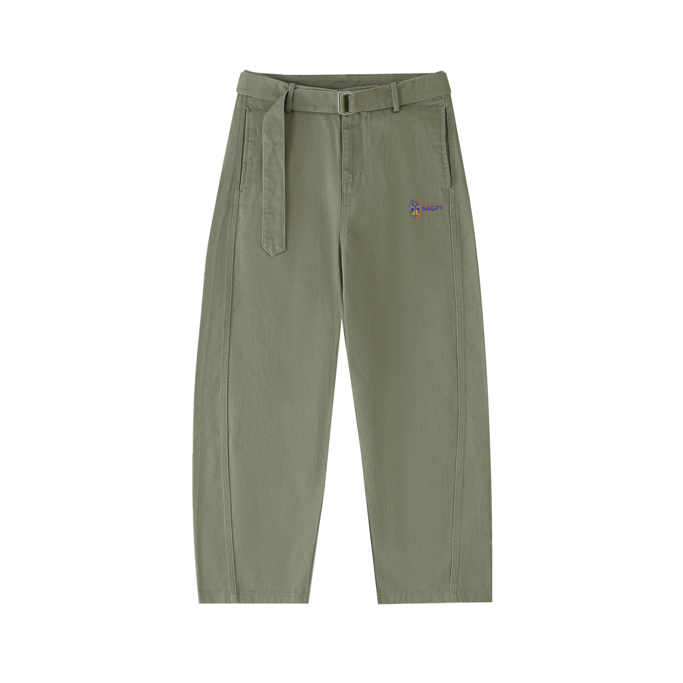 NAGPY Twisted-Seam Belted Curved-Blade Pants